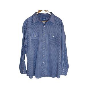 Wrangler Western Long Sleeve Blue/White Striped Pearl Snap Shirt SZ 2XL